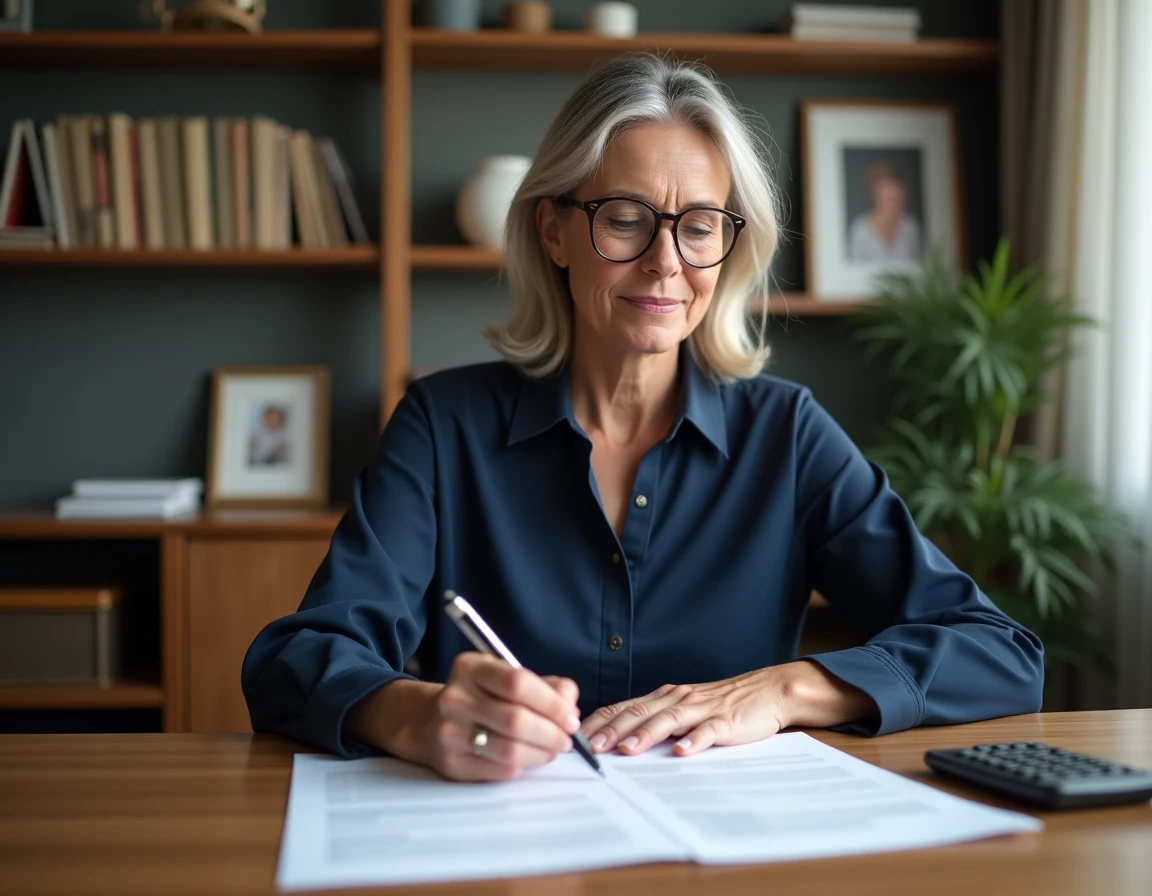 Femme comparant deux offres de termes hypothécaires dans son bureau à domicile avec calculatrice et documents imprimés