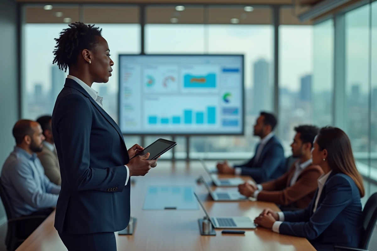 Une femme cadre dirigeante noire présentant une stratégie de diversité et inclusion à une équipe multiculturelle dans une salle de conférence d'entreprise moderne