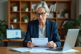 Femme d'une cinquantaine d'années étudiant ses documents de retraite dans un bureau à domicile