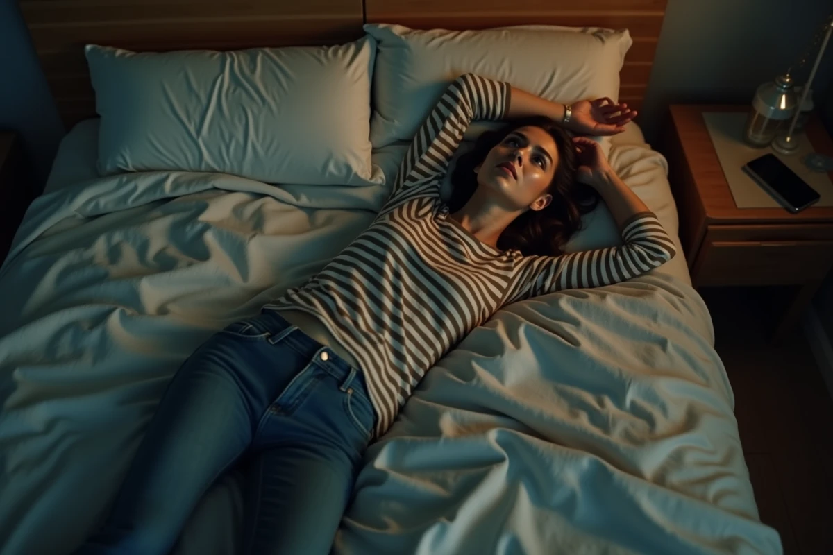 Jeune femme allongée sur un lit les yeux ouverts fixant le plafond, représentant la fatigue émotionnelle et les troubles du sommeil liés à un taux de dopamine élevé