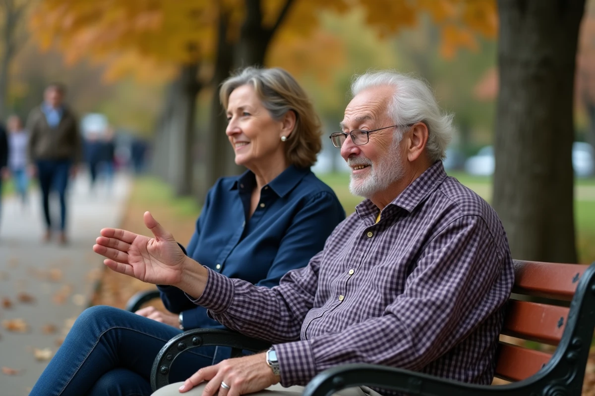 Une femme d'âge moyen et un homme âgé discutent sur un banc de parc en automne, illustrant le dialogue et le lien entre les générations
