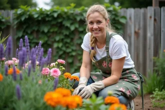 Femme jardinant dans un parterre de fleurs colorées lavande roses et soucis dans un jardin soigné