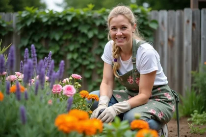 Femme jardinant dans un parterre de fleurs colorées lavande roses et soucis dans un jardin soigné
