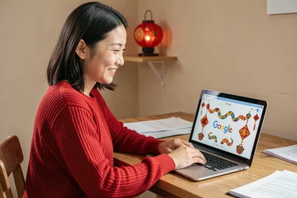 Jeune femme souriante jouant au Google Doodle du Nouvel An Chinois Année du Serpent sur un ordinateur portable