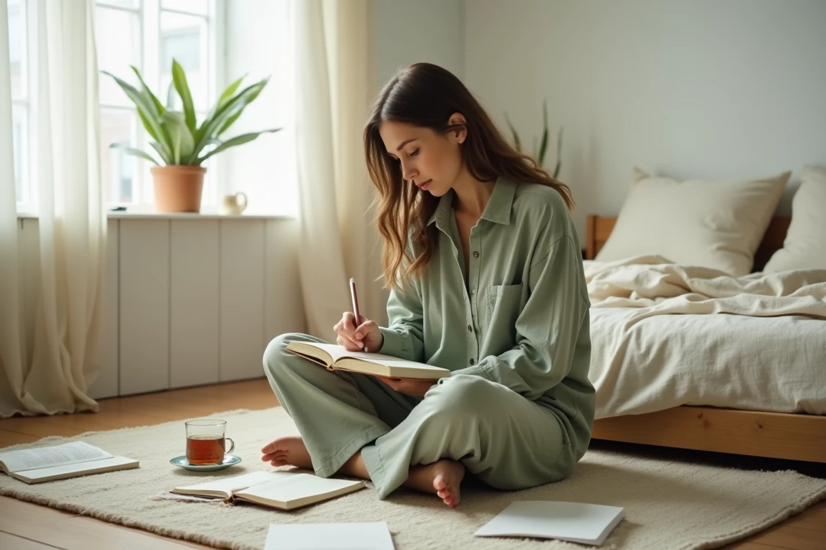 Femme célibataire écrivant dans son journal intime sur le sol de sa chambre, explorant la signification spirituelle du nombre miroir 15h15 et ses présages amoureux