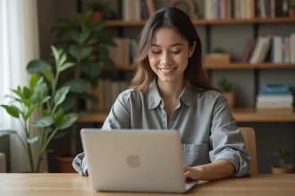 Femme consultant un portail d'actualité en ligne sur son ordinateur portable dans un bureau à domicile moderne