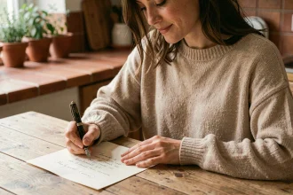 Femme écrivant une lettre de réconciliation à la main sur du papier crème dans une cuisine chaleureuse