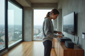 Femme interagissant avec un hub de maison intelligente dans un salon moderne connecté