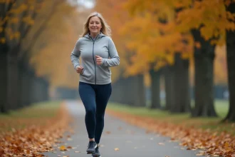 Femme de 40 ans marchant d'un pas vif dans un parc en automne pour réduire le ventre
