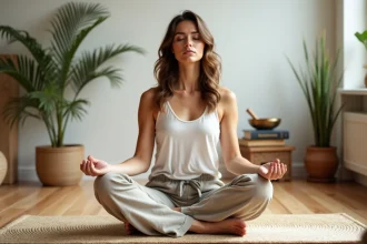 Femme pratiquant la méditation dans un studio de yoga zen, illustrant l'approche holistique du bien-être