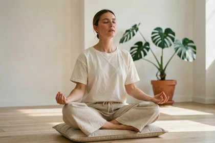 Femme pratiquant la méditation et la récitation d'un mantra dans un studio de yoga apaisé