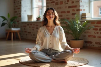 Femme méditant seule en position assise sur le sol d'un appartement minimaliste, les yeux fermés et les mains en mudra
