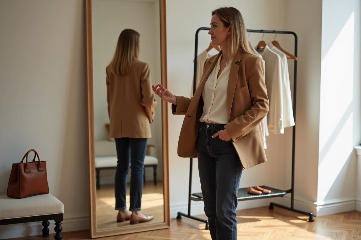 Femme devant un miroir essayant un blazer camel pour construire sa garde-robe idéale