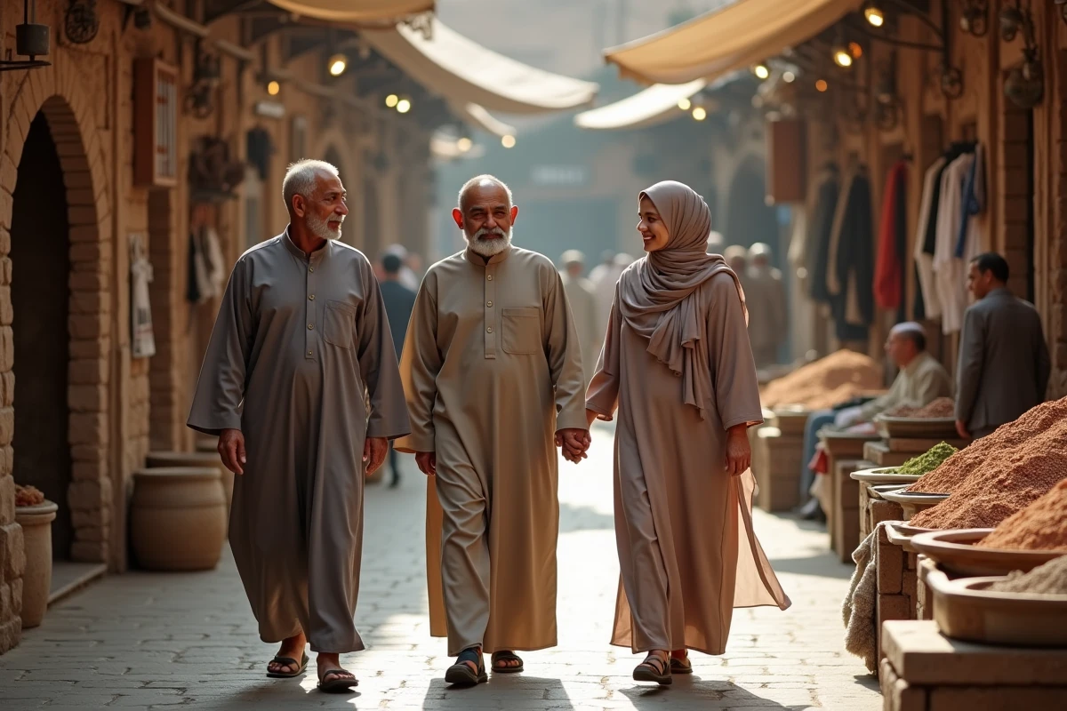 Femme musulmane accompagnée de son père et de son frère mahram dans un souk traditionnel