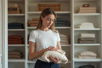 Femme organisant sa garde-robe idéale dans un dressing bien rangé et épuré