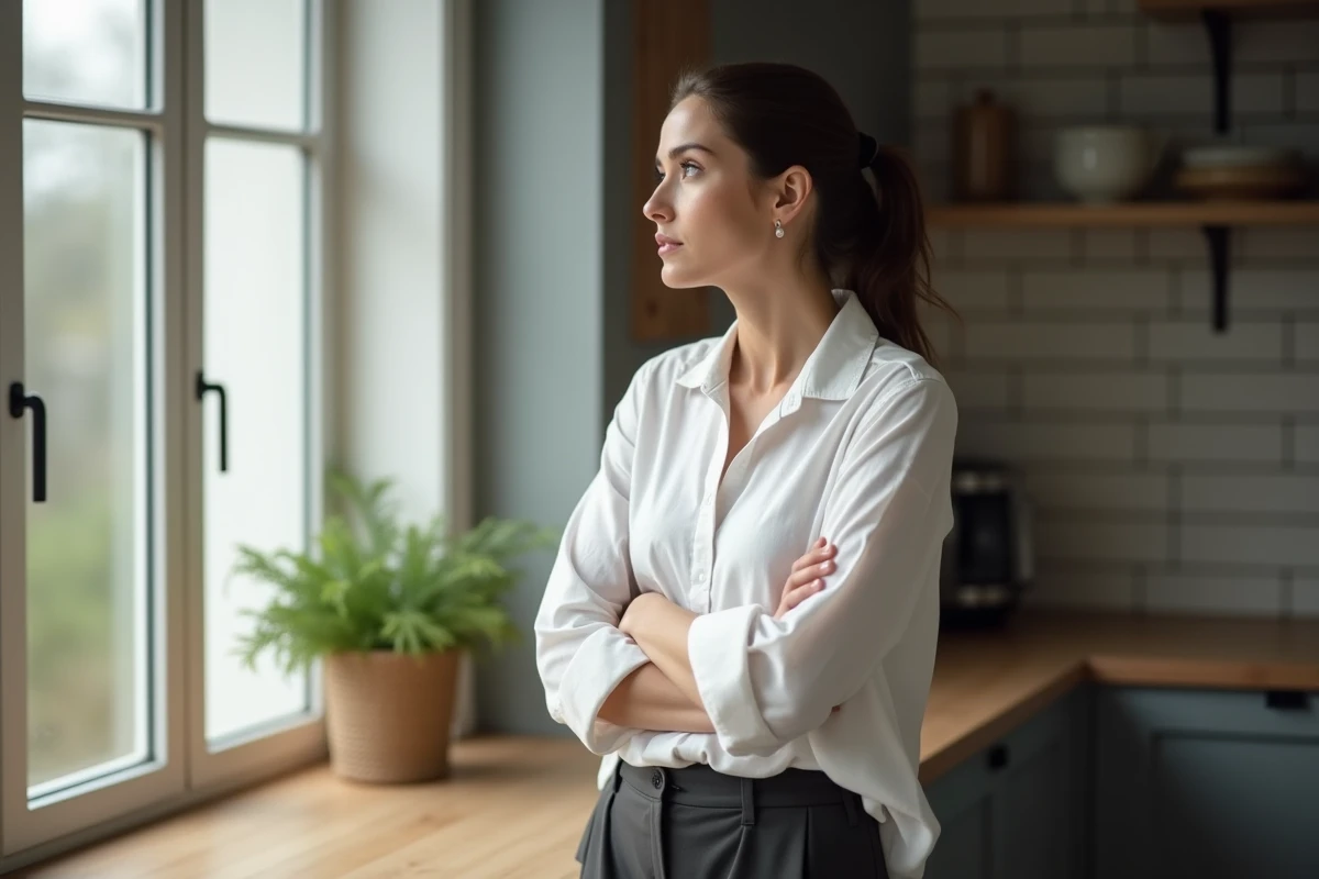 Femme pensive regardant par la fenêtre après avoir attendu en vain un appel