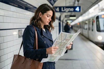 Femme consultant le plan du métro ligne 4 sur un quai parisien avec carrelage blanc caractéristique
