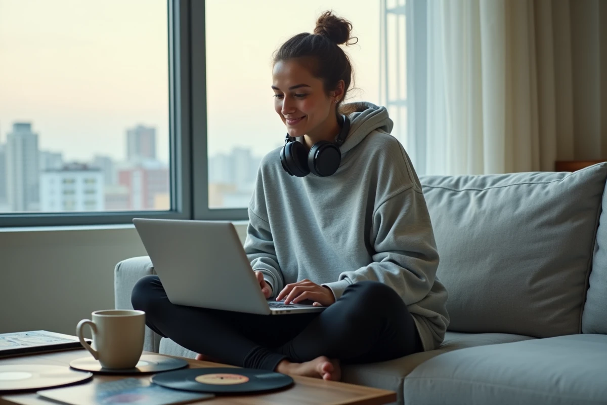 Femme écoutant des chanteurs américains sur ordinateur portable avec des vinyles posés sur une table basse dans un appartement moderne