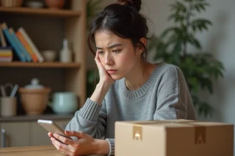 Jeune femme inquiète consultant son téléphone à côté d'un colis Vinted non ouvert sur une table en bois