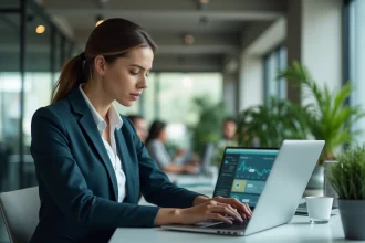 Femme professionnelle travaillant sur des tableaux de bord fintech dans un bureau moderne, illustrant l'essor des technologies financières