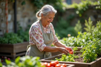 Femme retraitée aux cheveux argentés cultivant son potager avec soin et sérénité