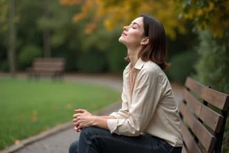 Femme assise seule sur un banc dans un parc, les yeux fermés, illustrant le lâcher prise et la sérénité intérieure loin des tensions familiales
