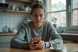 Femme seule dans son appartement regardant son téléphone avec une expression d'inquiétude, illustrant les inconvénients de la vie en solo