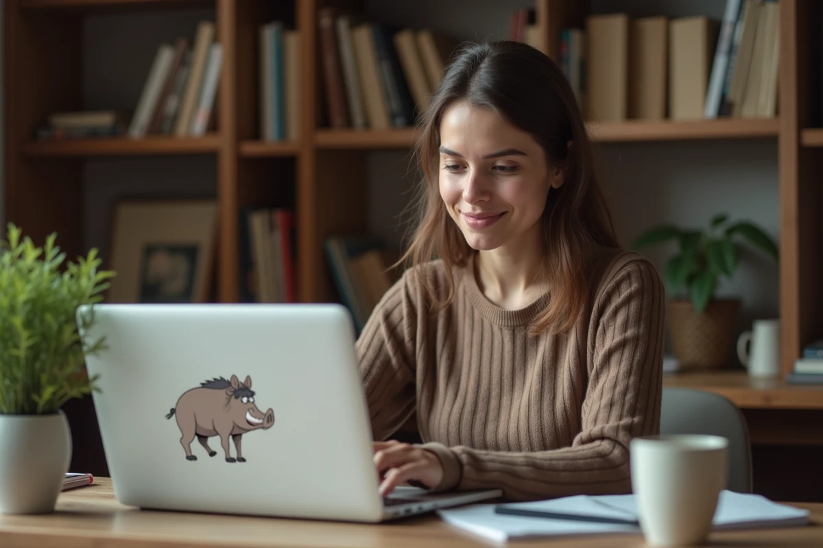 Jeune femme consultant un site web humoristique sur les sangliers depuis son bureau à domicile, expression amusée et dubitative