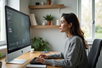 Femme en télétravail comparant des écrans d'ordinateur dans un bureau à domicile bien organisé