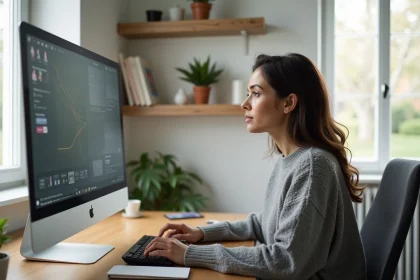 Femme en télétravail comparant des écrans d'ordinateur dans un bureau à domicile bien organisé