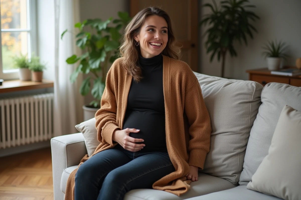 Femme avec du ventre portant un cardigan camel longline et jean slim, assise dans un salon scandinave cosy, tenue décontractée et affinante