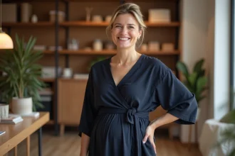 Femme avec du ventre portant une robe portefeuille marine bien ajustée dans une boutique moderne, tenue élégante et flatteuse pour morphologie ronde