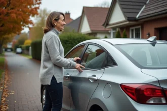 Femme à côté d'une voiture hybride dans une allée résidentielle, illustrant l'utilisation quotidienne d'un véhicule hybride