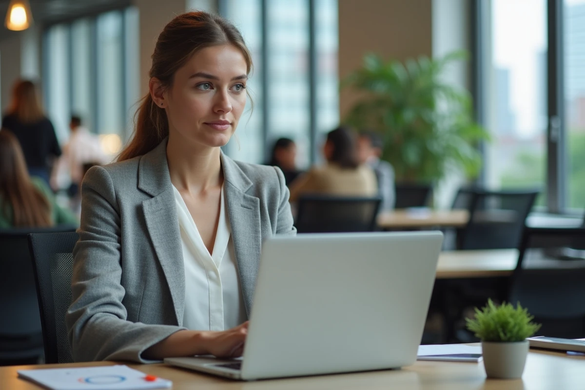 Femme professionnelle utilisant un VPN dans un espace de coworking pour sécuriser ses données en ligne