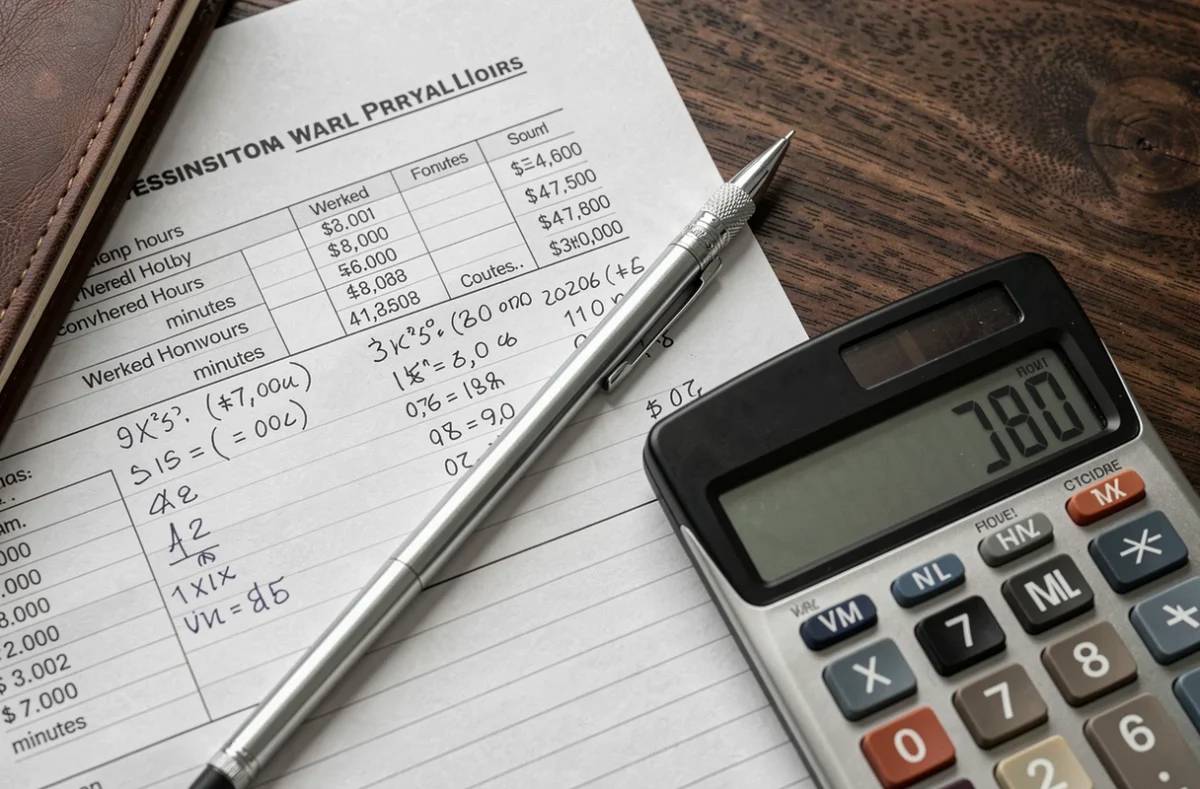 Vue aérienne d'un bulletin de salaire avec calculs de conversion minutes en heures et calculatrice