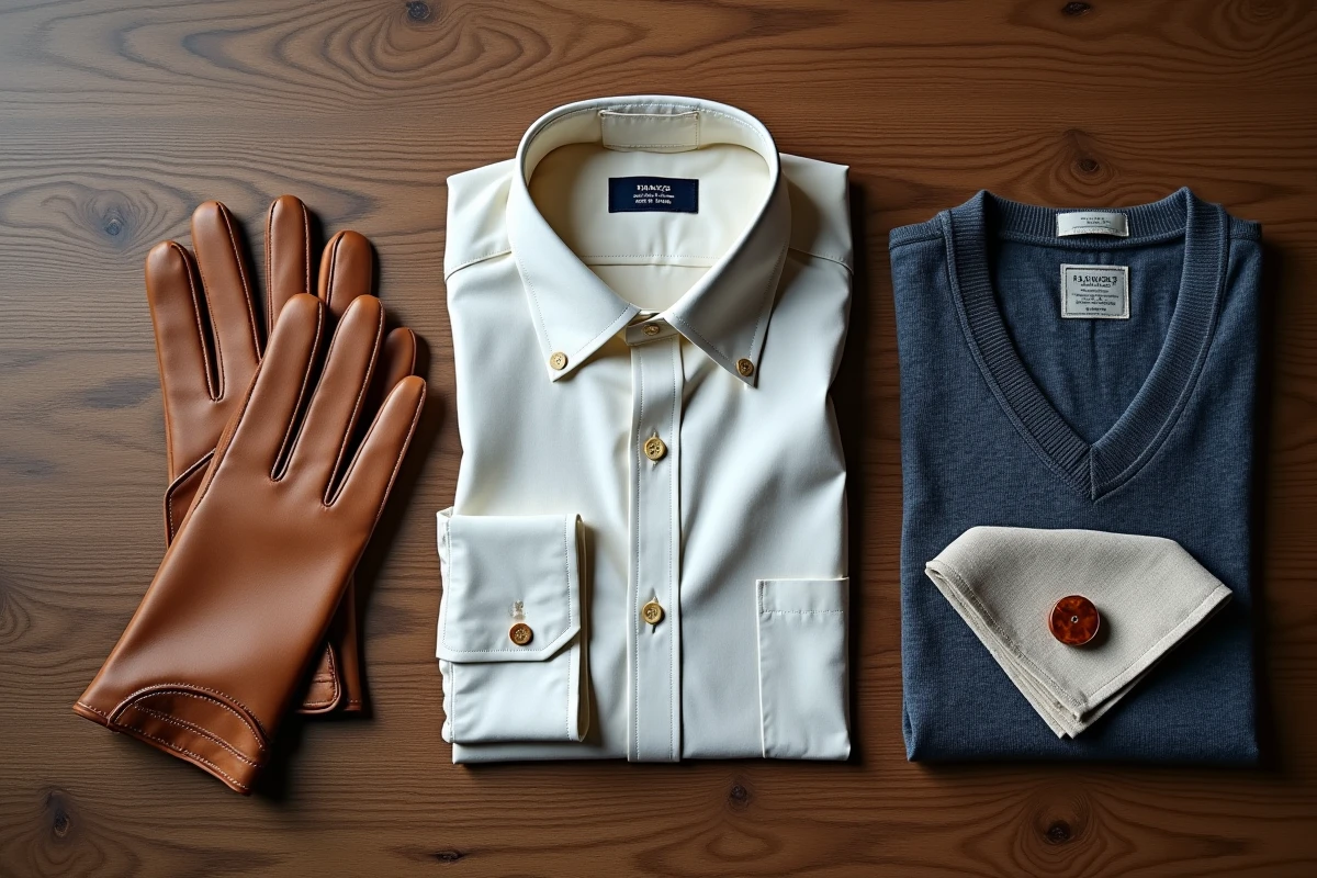 Flat lay de vêtements de qualité supérieure incluant chemise en coton, pull en laine mérinos et gants en cuir cousus main