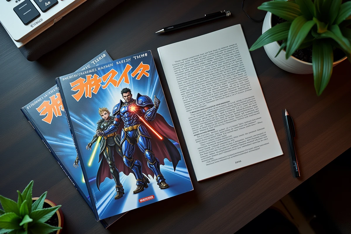 Vue aérienne de volumes du manga Become the Strongest Hero Through the Cheat System en VF avec guide de lecture imprimé sur une table sombre