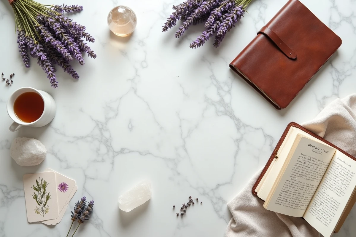 Mise en scène flat-lay d'objets de bien-être holistique incluant cristaux, plantes et journal de soins personnels
