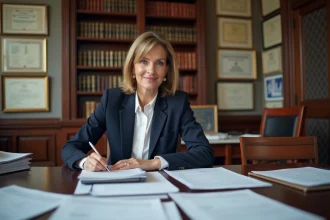 Fonctionnaire étudiant des documents de politique sociale dans un bureau administratif gouvernemental français