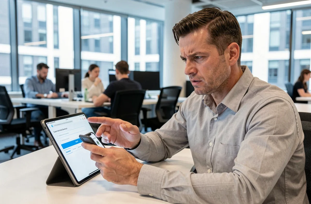 Homme utilisant un formulaire de contact Darty sur tablette dans un bureau professionnel