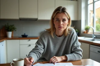 Femme consultant des factures mensuelles de maison à la table de cuisine
