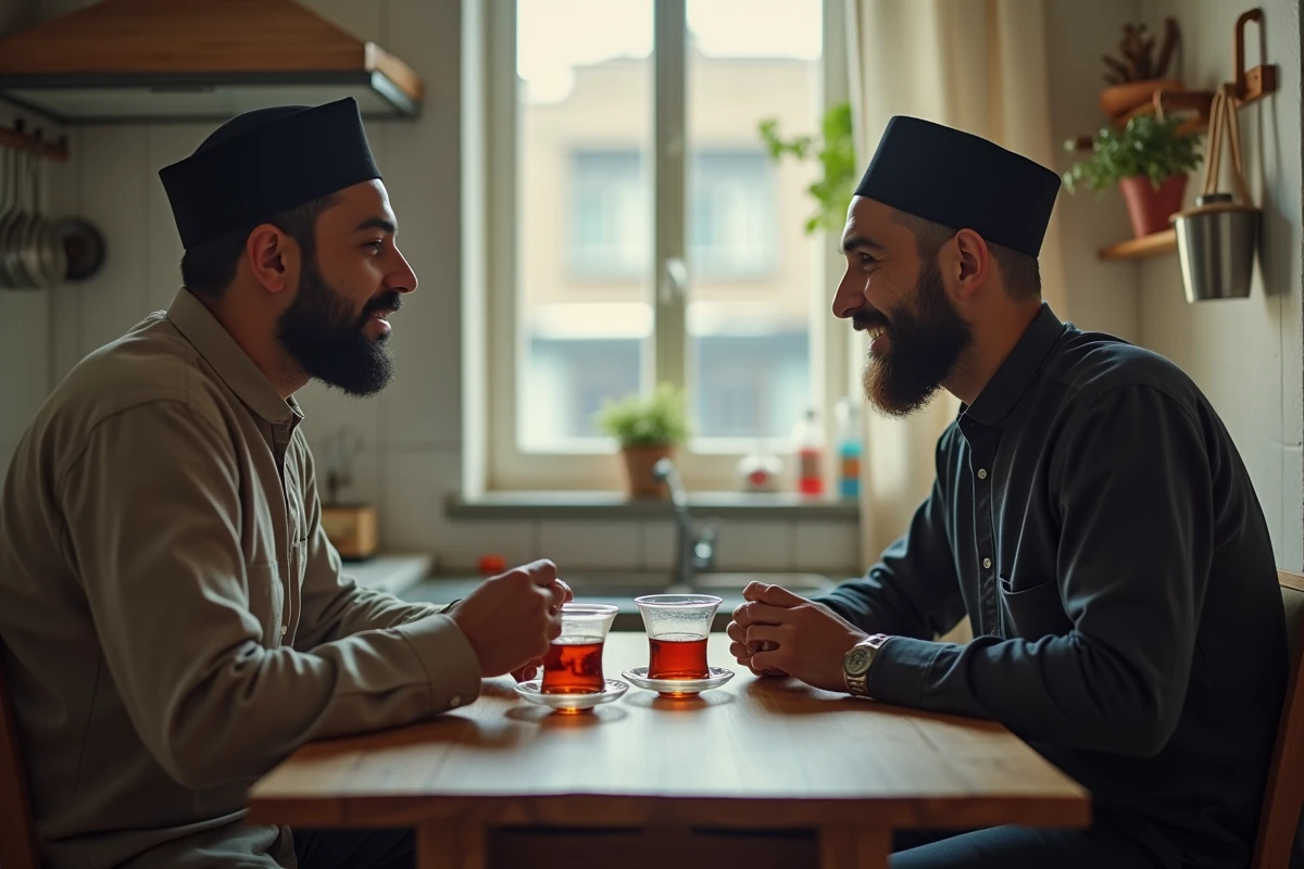 Deux frères musulmans autour d'un thé évoquant la relation de mahram entre membres masculins de la famille