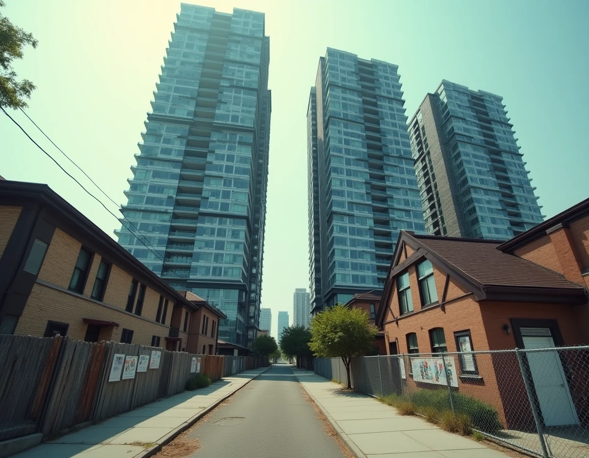 Contraste entre immeubles de luxe neufs et logements vétustes dans un quartier urbain américain, illustrant les inégalités de la crise du logement