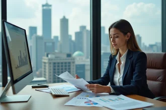 Gestionnaire d'actifs femme analysant des rapports financiers dans un bureau moderne avec vue sur la ville