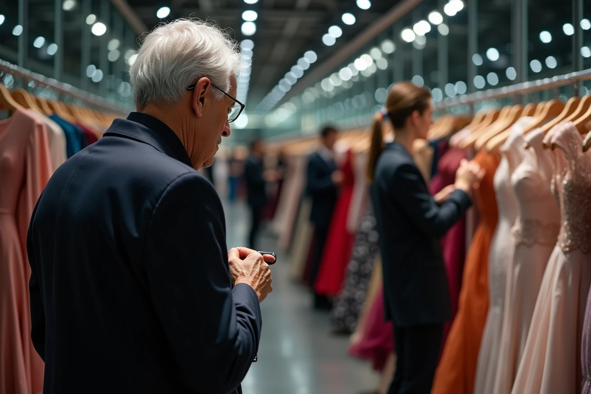 Grand couturier effectuant les derniers ajustements sur une robe de haute couture en coulisses d'un défilé de mode