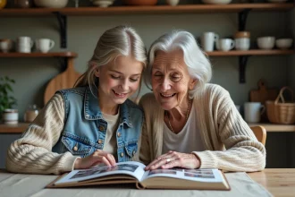 Une grand-mère et une adolescente partagent des souvenirs autour d'un album photo à la table de cuisine, illustrant le lien intergénérationnel