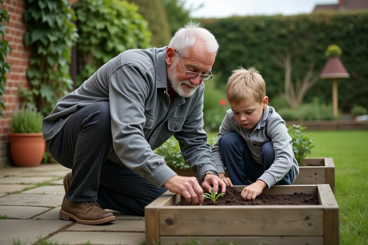 Un grand-père et son petit-fils jardinent ensemble en plantant des semis dans un bac en bois, symbole du partage intergénérationnel