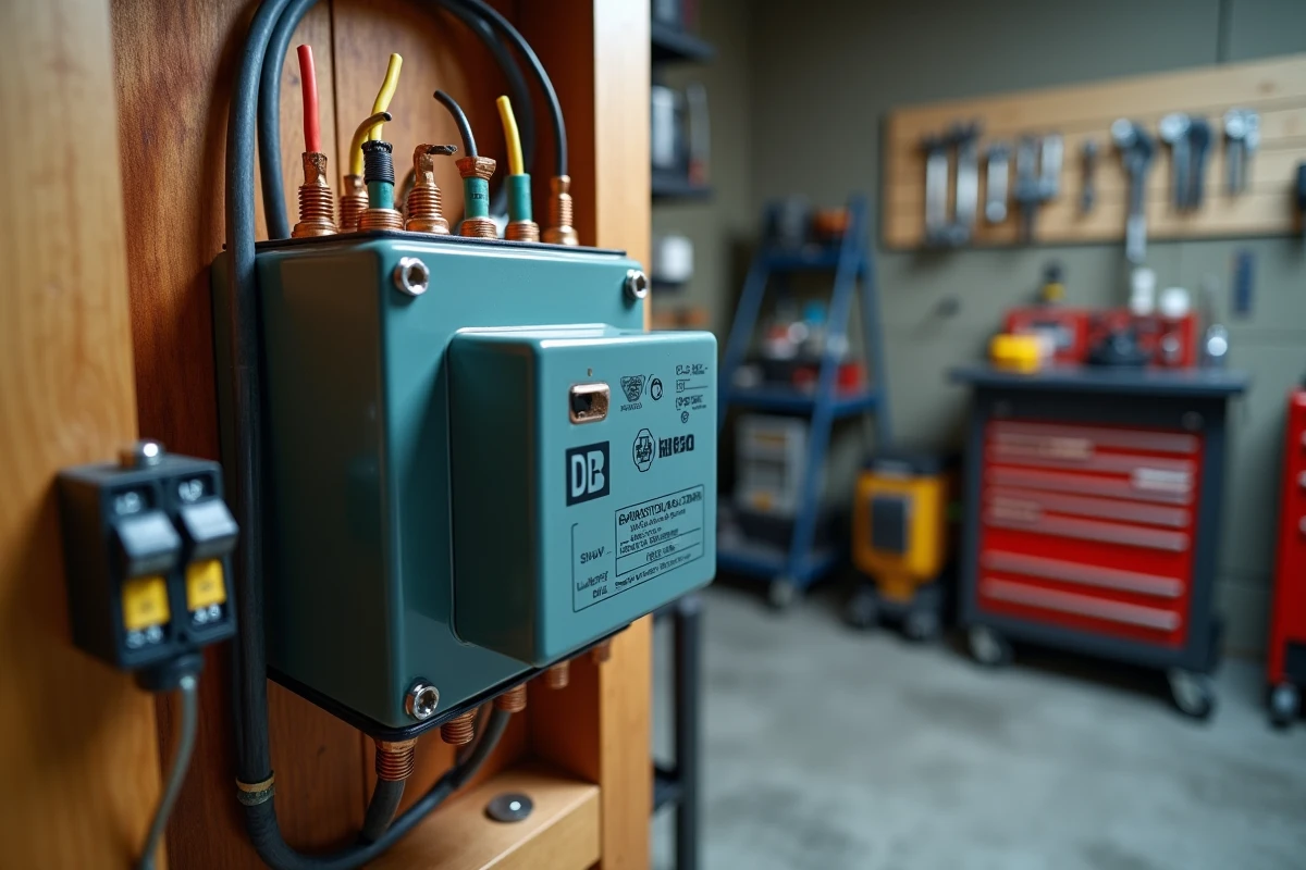 Gros plan sur les bornes d'un transformateur industriel 380V vers 220V câblé dans un garage domestique