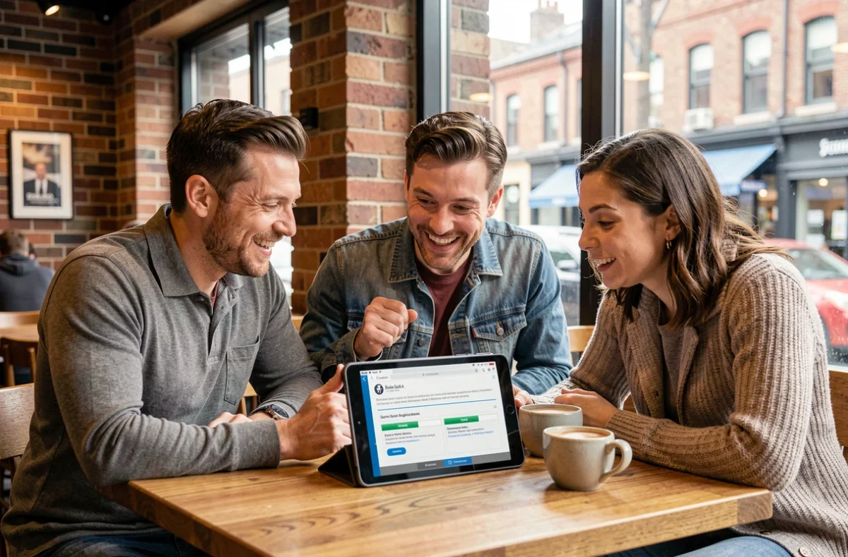 Groupe d'adultes consultant les étapes d'inscription à La Roue de la Fortune sur une tablette dans un café
