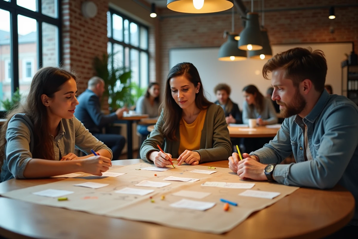 Groupe d'enseignants collaborant autour d'une table pour concevoir une leçon à rebours sur du papier kraft dans une salle des professeurs moderne